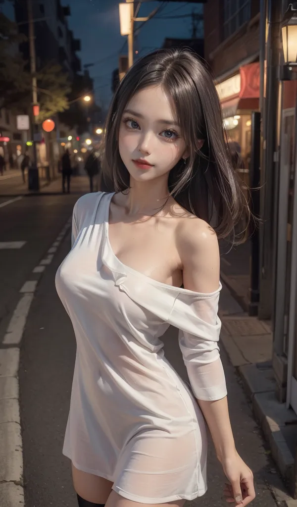 The image is of a beautiful young woman with long brown hair and brown eyes. She is wearing a tight white dress that is off her shoulders. The dress is wet and see-through, and her nipples are visible. She is standing in a dark alleyway, and there is a street light in the background. The woman is looking at the camera with a seductive expression on her face.