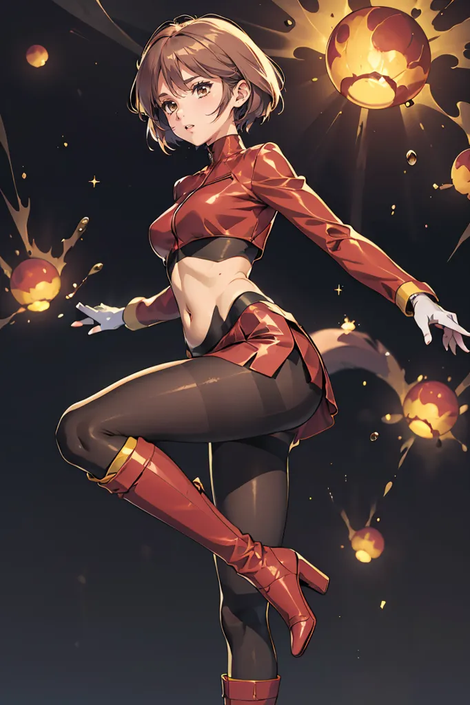 A beautiful anime girl with short brown hair, brown eyes, and a slim figure. She is wearing a red and black outfit and is surrounded by glowing orange spheres. She has a confident expression on her face and seems ready to fight.