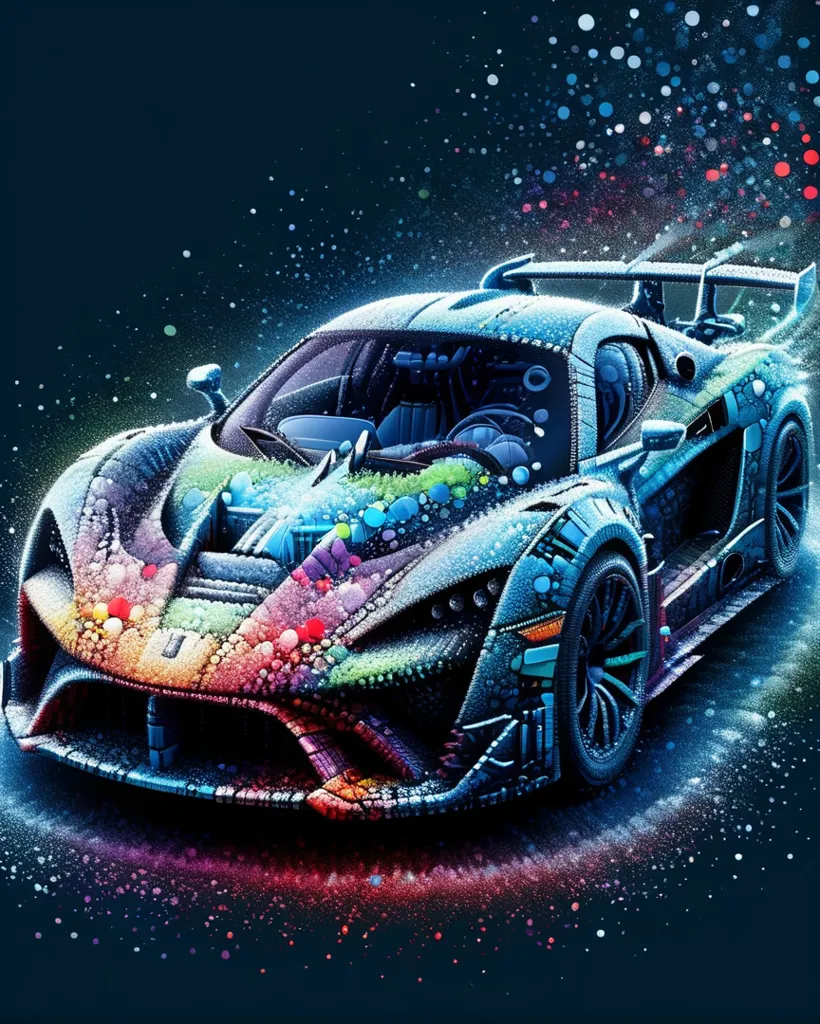 The image is a dark blue sports car with a multi-colored paint job. The car is surrounded by a spray of rainbow-colored particles. The car is in focus and the background is blurred.