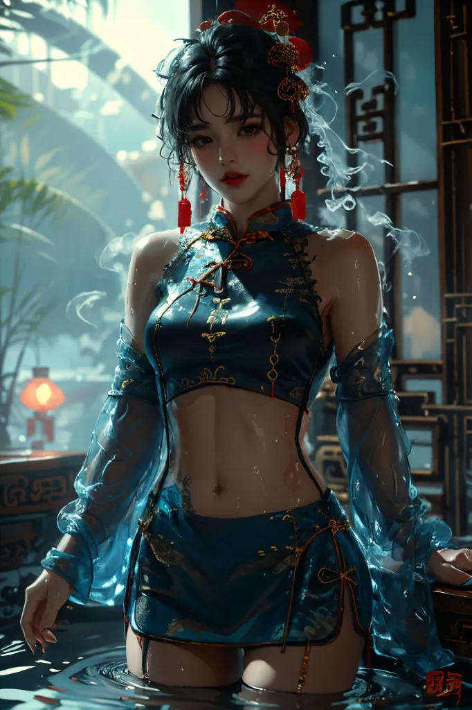 The picture shows a young woman wearing a blue旗袍. She is standing in a room with a lot of smoke. The woman has long black hair and red earrings. She is looking at the camera with a serious expression.