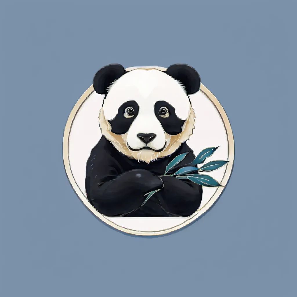 The image is a cartoon panda bear. It is black and white with big, floppy ears. The panda is sitting in a circle with a gold outline. The background is a light blue color. The panda is holding a stalk of bamboo in its paws. It is looking at the viewer with a friendly expression on its face.