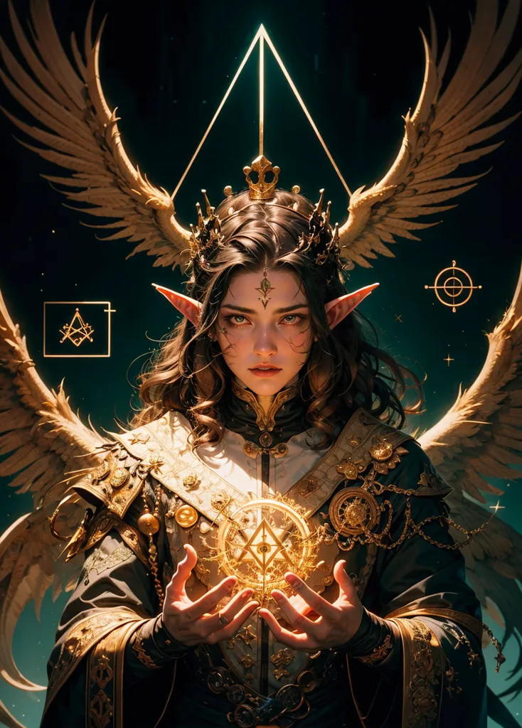 This is an image of a beautiful, regal-looking woman with long, flowing brown hair. She is wearing a golden crown and has golden wings. She is dressed in a dark green dress with gold trim and has a golden necklace with a large, glowing gem in the center. She is holding a golden orb in her hands. She has a serious expression on her face and is looking at the viewer. There is a dark green background with a glowing triangle behind her head. There are also several symbols floating around her.