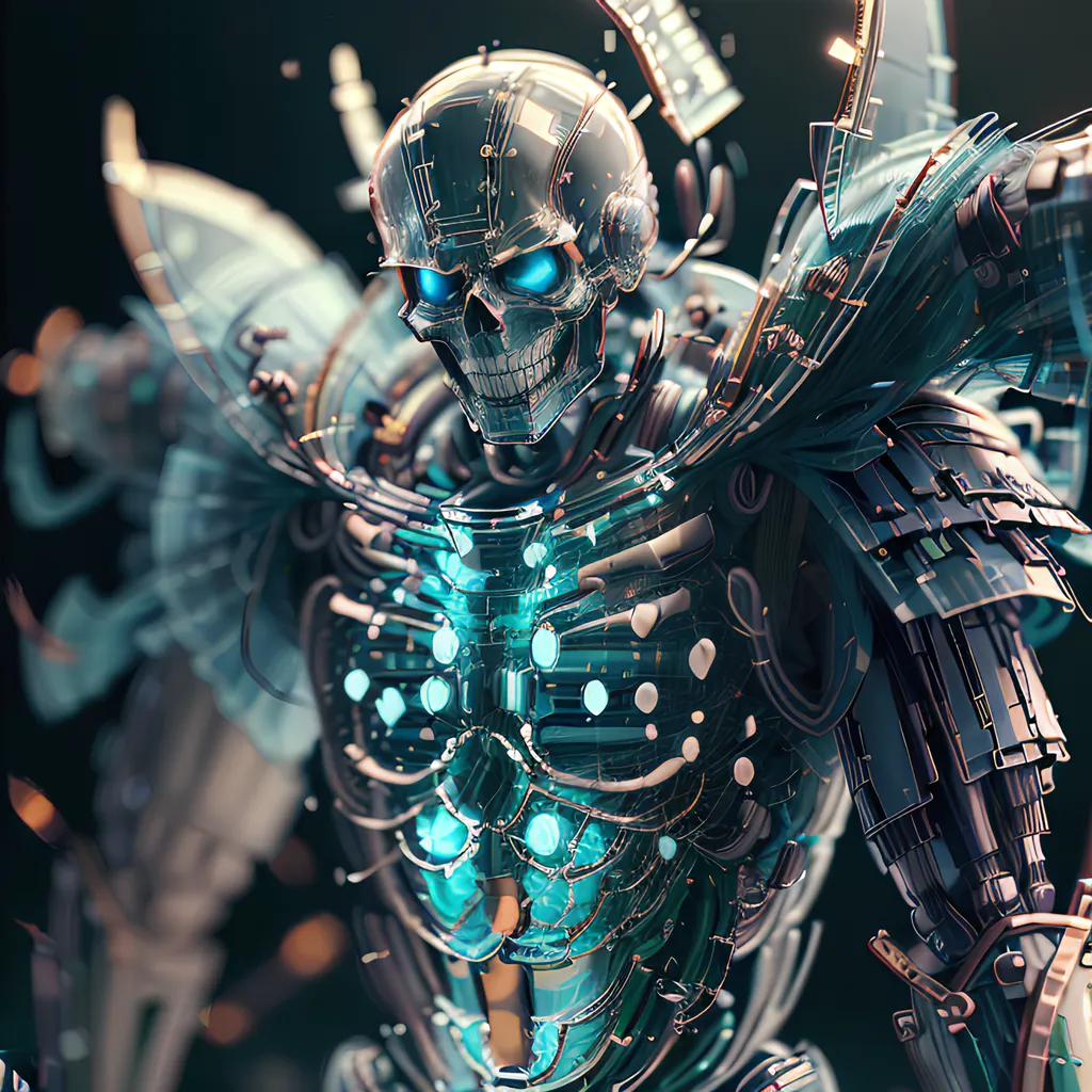 The image is a dark and detailed rendering of a cyborg skeleton. The skeleton is made of a blue metal, and its eyes are glowing blue. It is wearing a suit of black and blue armor, and it has a large sword sheathed on its back. The background is a dark, starry void.