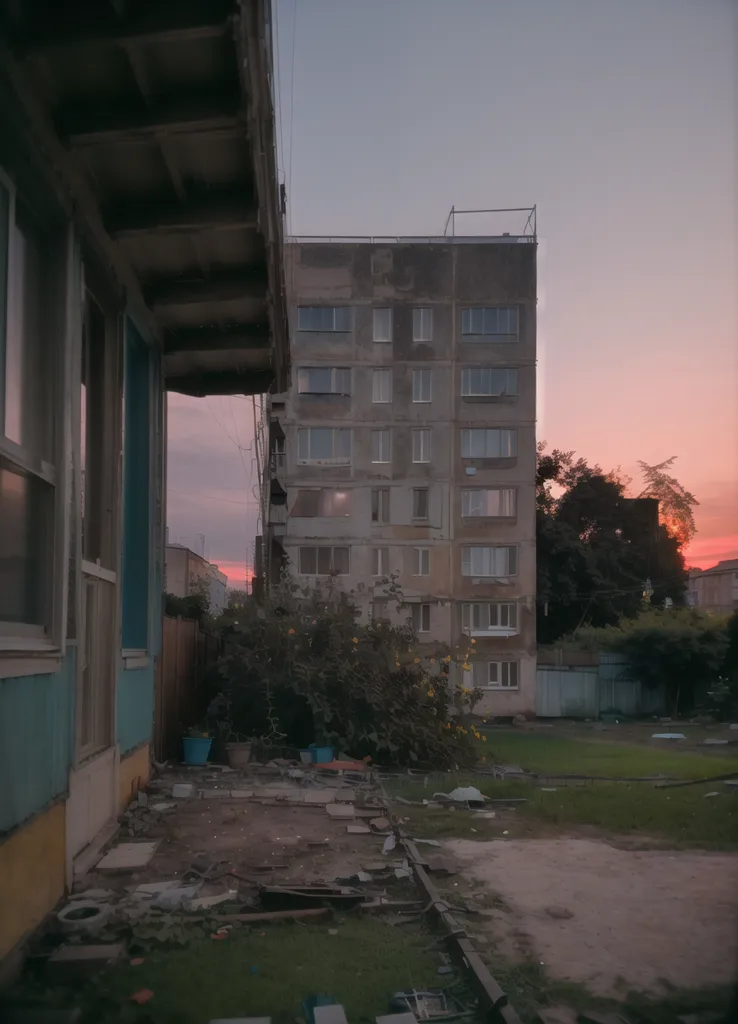 图像显示了一个住宅区的夜景。背景中有一栋高耸的公寓楼,夕阳正在它的身后落下。这栋建筑由混凝土建造,有许多窗户。前景中有一个庭院,里面有一个秋千和一些树木。庭院被一个栅栏围绕。地上有一个蓝色的塑料桶。天空呈现出渐变的紫色和粉色。