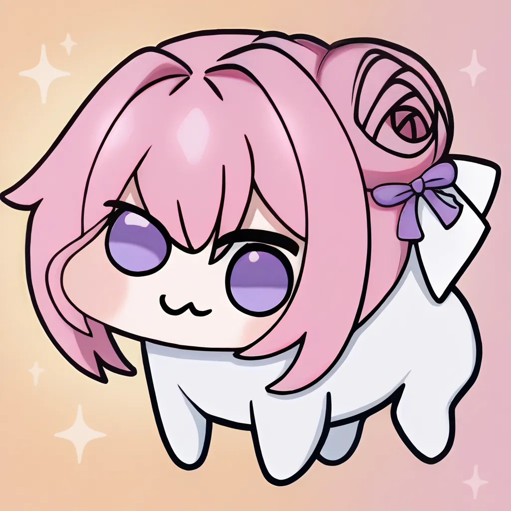 This is an image of a cute anime cat girl. She has pink hair and purple eyes. She is wearing a white dress with a pink bow. She has a smug expression on her face.