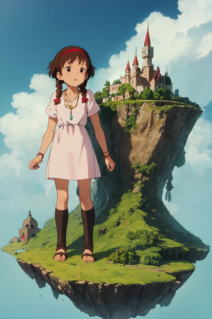The image is of a girl standing on a floating island. The girl is wearing a white dress and has brown hair. She is looking at a castle in the distance. The castle is on a larger floating island that has green grass and trees. The sky is blue and there are white clouds.
