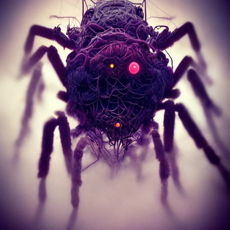 The image is a dark and creepy spider. It is covered in fur and has eight long, spindly legs. Its eyes are red and it has a large, gaping mouth. The spider is perched on a web and is surrounded by a dark, misty fog.