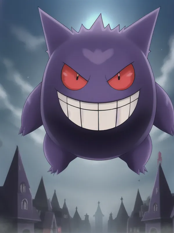 这张图片是一只幽灵Pokémon——Gengar。它是一个大型的紫色球形生物,有红色的眼睛和一张大嘴。它正在黑暗的背景前漂浮着。远处有一些建筑物。Gengar正在微笑,看起来很调皮。它被认为是一个强大的Pokémon,能够引起夜晚的恐慌。