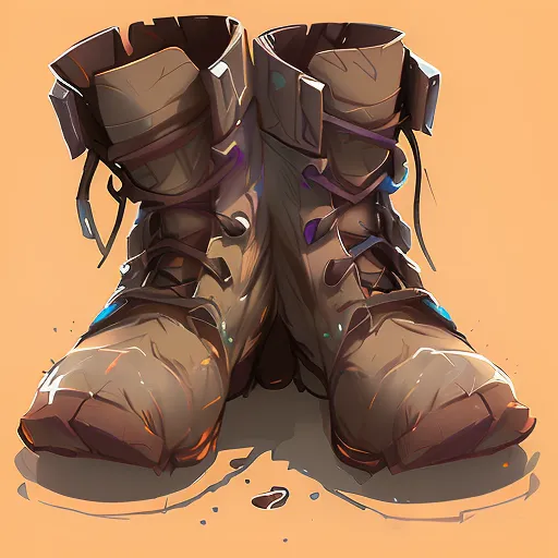 The image is of a pair of brown leather boots. The boots are covered in mud and have several scuff marks on them. The laces are untied. The boots are sitting on a sandy ground. The background is a light brown color.