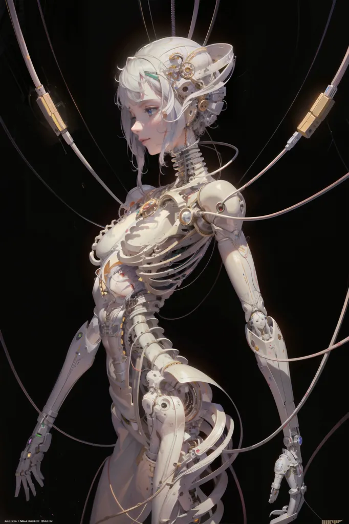 The image is a digital painting of a female cyborg. She has white hair and green eyes, and her body is mostly made up of metal and wires. She is wearing a black bodysuit. There are several cables plugged into her head and spine. The background is black.