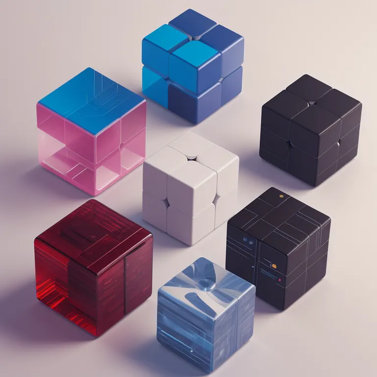 There are six Rubik's cubes of different colors and styles. The cubes are arranged in a circle around a central point. The cubes are made of different materials, including glass, metal, and plastic. The colors of the cubes are red, blue, green, yellow, orange, and white. The cubes are all in different orientations.