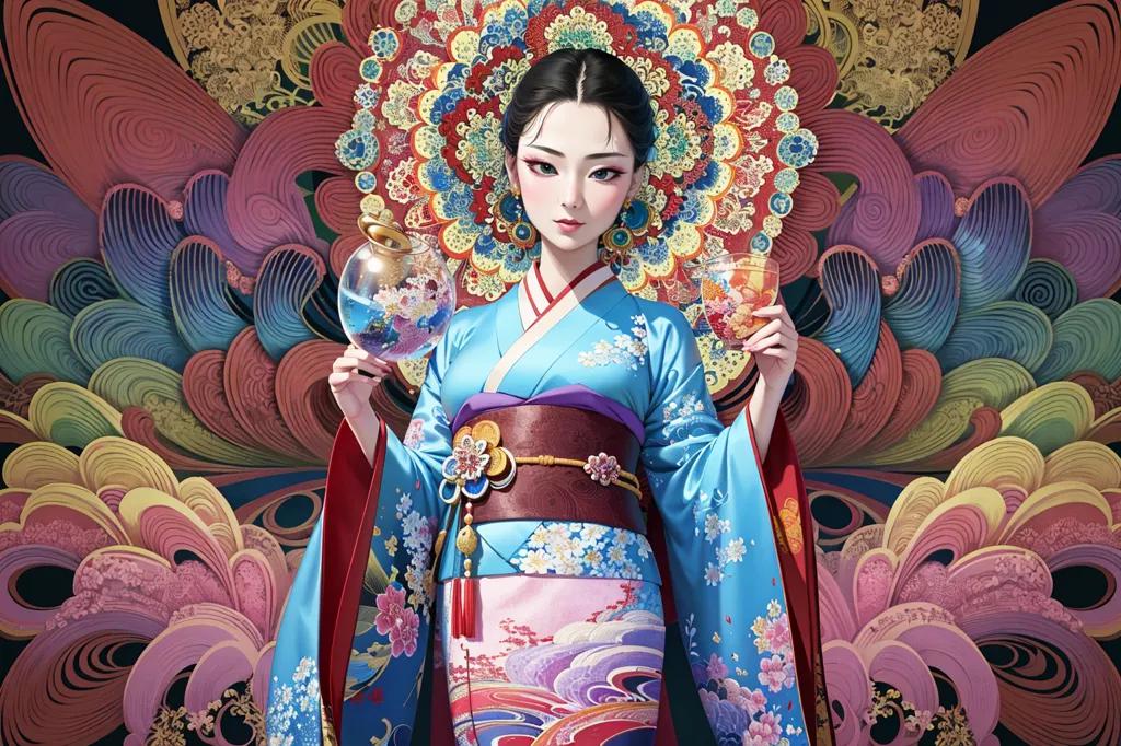 这幅图像是一幅美丽的亚洲女性的绘画作品。她穿着一件蓝色的和服,上面有粉色和白色的花朵,系着红色的腰带。她有一头乌黑的长发,化着传统的日本妆容。她一只手拿着一杯水,另一只手拿着一杯酒。背景是一个金色的波浪和云朵的图案。