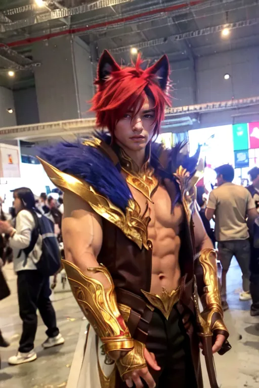 这张图片包含一位cosplay玩家扮演英雄联盟游戏中的角色Rengar。Rengar是一个赤裸上身、肌肉发达、有红发和猫耳的男性角色。他穿着一条遮臀布和一对金色护腕。他还携带着某种武器。这位cosplay玩家非常出色地还原了这个角色的外观,服装制作非常精细入微。