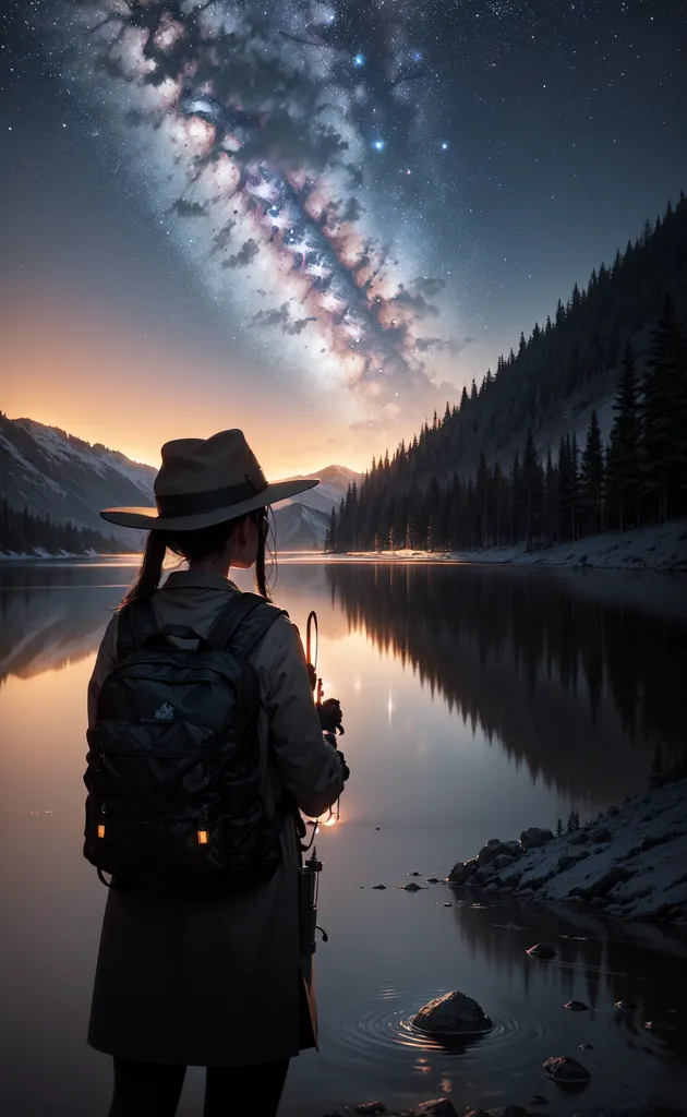 图像显示一名女子站在湖边,望向夜空。天空星光璀璨,银河清晰可见。女子戴着帽子,背着背包,手持手电筒。湖面平静如镜,岸边的树木倒映在水中。整体效果给人一种宁静祥和的感觉。