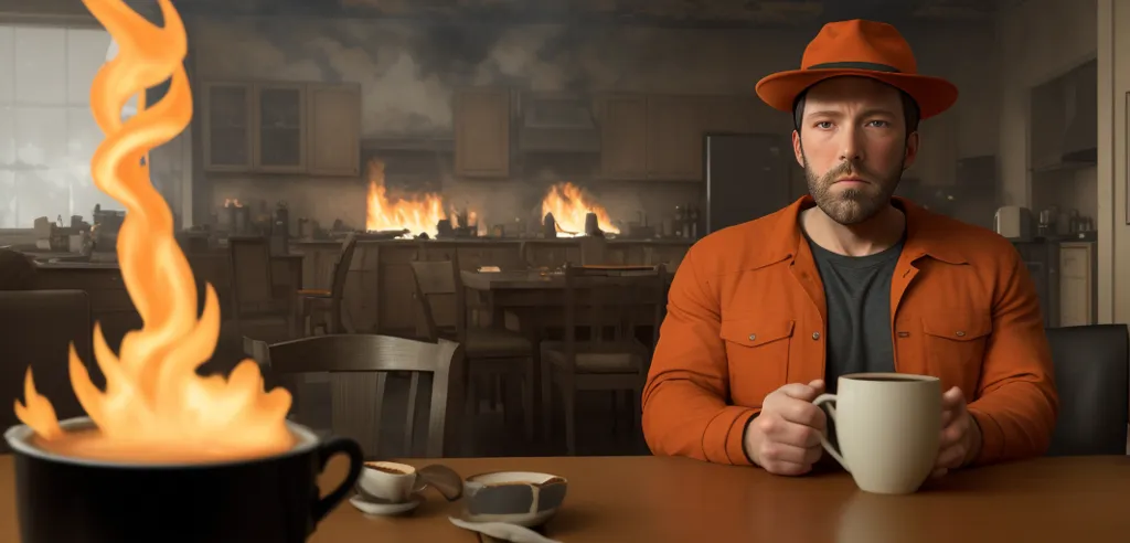 A man is sitting at a table in a house that is on fire. He is wearing an orange shirt and a brown hat. He has a cup of coffee in his hand. The fire is in the background of the image and is spreading towards the man. The man is looking at the fire with a calm expression on his face.