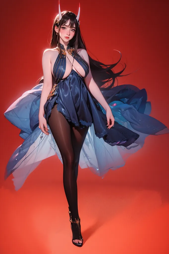 The image is of a beautiful young woman with long black hair and red horns. She is wearing a revealing blue dress with a high slit, and black stockings. She is also wearing black high heels. The woman is standing in front of a red background, and she is looking at the viewer with a confident expression.