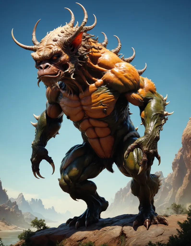 The creature is standing on a rock in the middle of a canyon. It is muscular and has orange skin. It has two large horns on its head and six smaller horns on its back. It has sharp teeth and claws. Its eyes are yellow and its hair is brown. It looks like a combination of a bull and a gorilla.