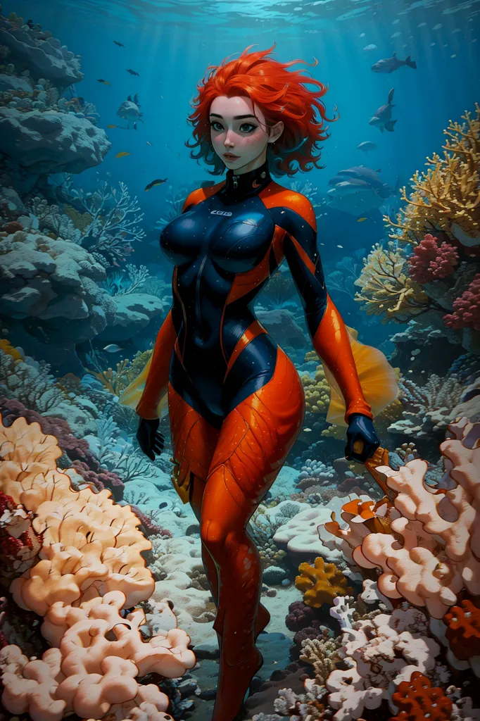 This is an image of a redheaded woman in a wetsuit, swimming underwater. She is wearing a black and orange wetsuit with a large orange fin on her right leg. She has a serious expression on her face and is looking at the camera. She is surrounded by colorful coral reefs and fish. The water is clear and blue.