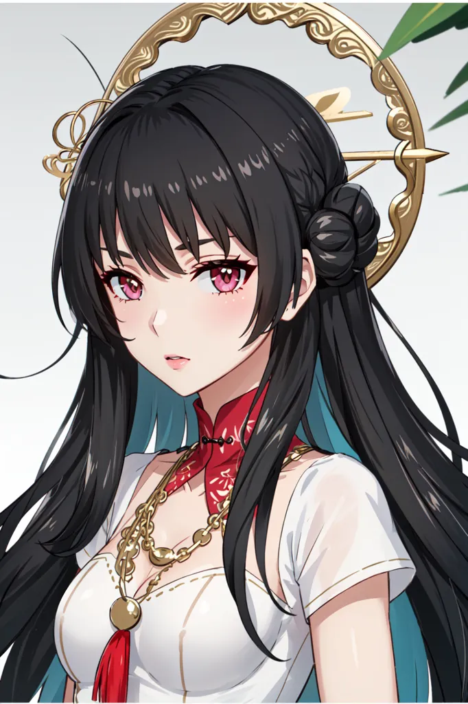 The image shows a young woman with long black hair and red eyes. She is wearing a white and red cheongsam, and has a gold necklace with a red tassel. She is also wearing a gold headdress with a red jewel in the center. The background is a light grey with a green leaf in the upper right corner.