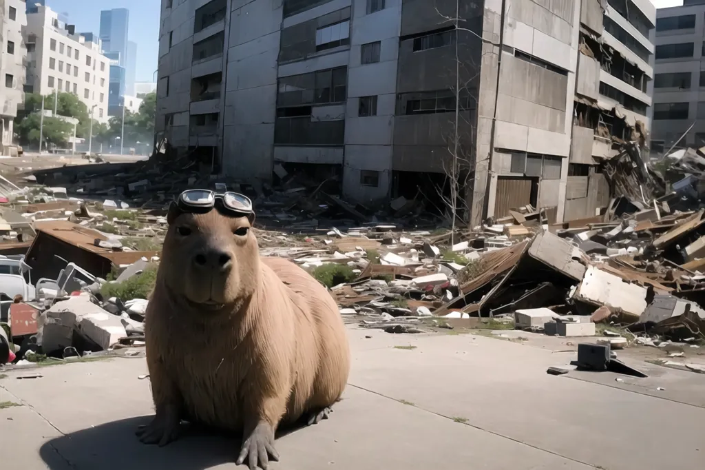 图像显示一只戴着护目镜的水豚坐在一个被毁坏的城市中。这个城市处于废墟之中,建筑物倒塌,到处都是碎片。水豚坐在一堆瓦砾上,看起来在观察这片毁坏。这幅图既有趣又引人深思。它很有趣,因为看到一只水豚出现在一个被毁坏的城市中是意想不到的。它引人深思,因为它提醒我们城市的脆弱性,以及保护它们的重要性。