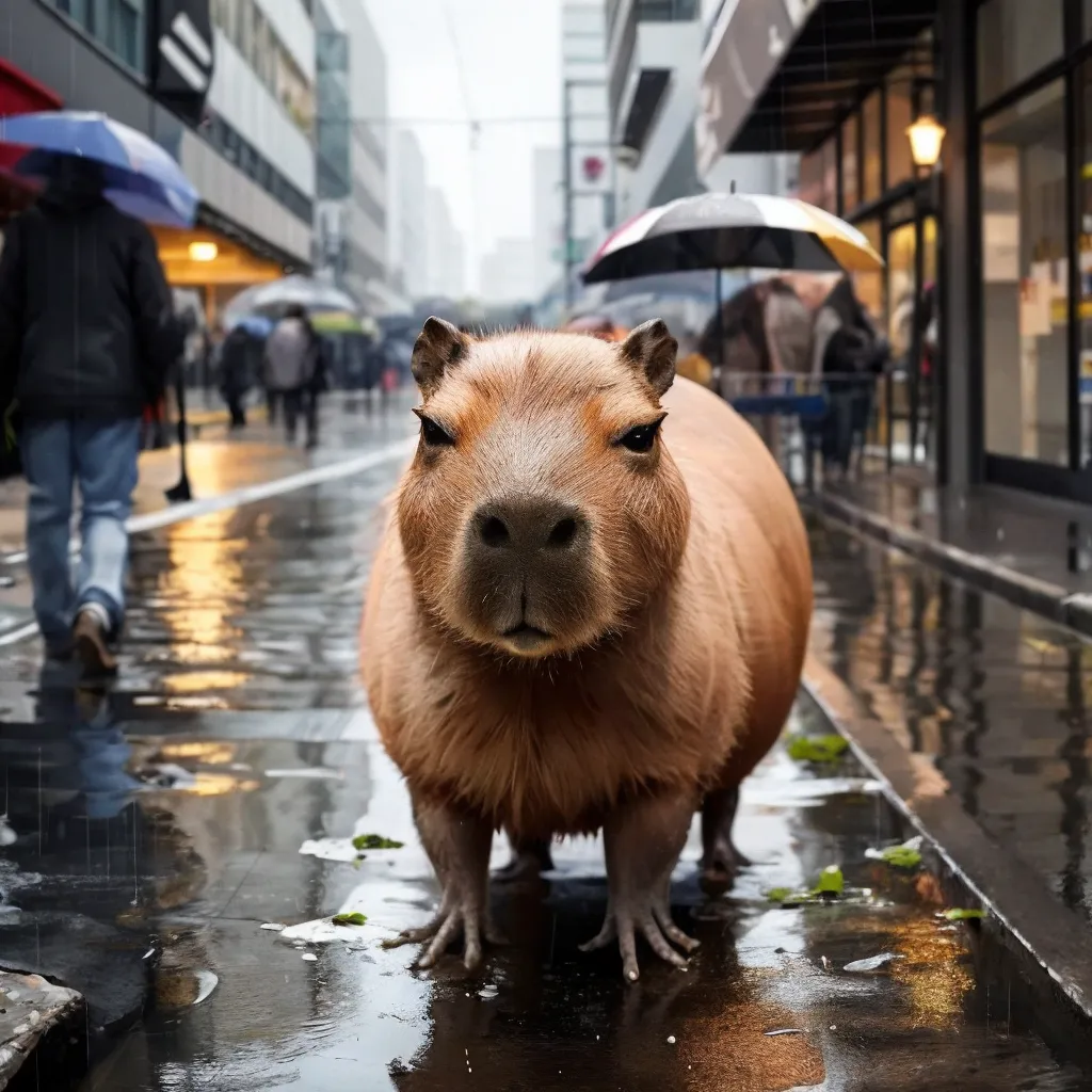 图像显示一只水豚正在城市街道上行走。正在下雨,水豚全身湿透。水豚位于前景,背景中有人们在行走。这些人都穿着雨衣,手拿雨伞。而水豚没有穿雨衣,也没有拿雨伞。