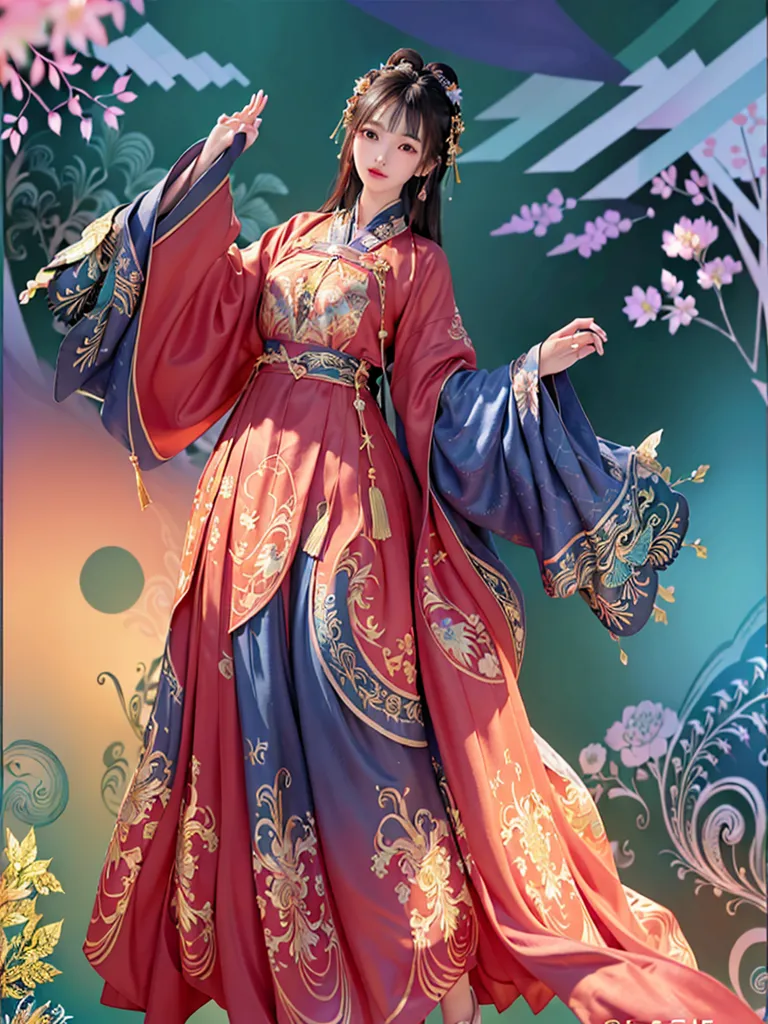 图像显示一位年轻女性穿着传统的中国服装(汉服),主要颜色为红色和蓝色。这件服装有着复杂精致的图案和设计。背景是渐变的绿色,点缀着粉色的樱花。