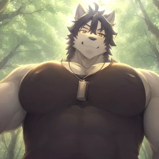 The image is of a muscular wolf furry with dark fur and green eyes. He is wearing a black tank top and has a dog tag around his neck. He is standing in a forest and is looking at the viewer with a friendly expression. The background is blurry, but it looks like there are trees and mountains in the distance.