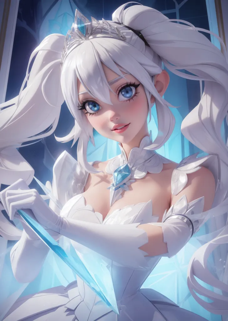 This is an image of a beautiful anime girl with long white hair and blue eyes. She is wearing a white dress with a blue宝石 on her chest. She is also wearing a tiara on her head. She is standing in a❄️雪の世界.