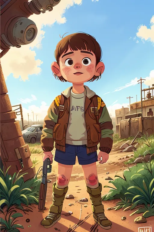 This image shows a young boy standing in a post-apocalyptic wasteland. The boy is wearing a tattered brown jacket, a white t-shirt, and denim shorts. He has a backpack on his back and is carrying a gun. The background of the image is a barren wasteland with ruined buildings and a large metal structure in the distance. The sky is a dull grey. The boy's expression is one of determination and defiance.