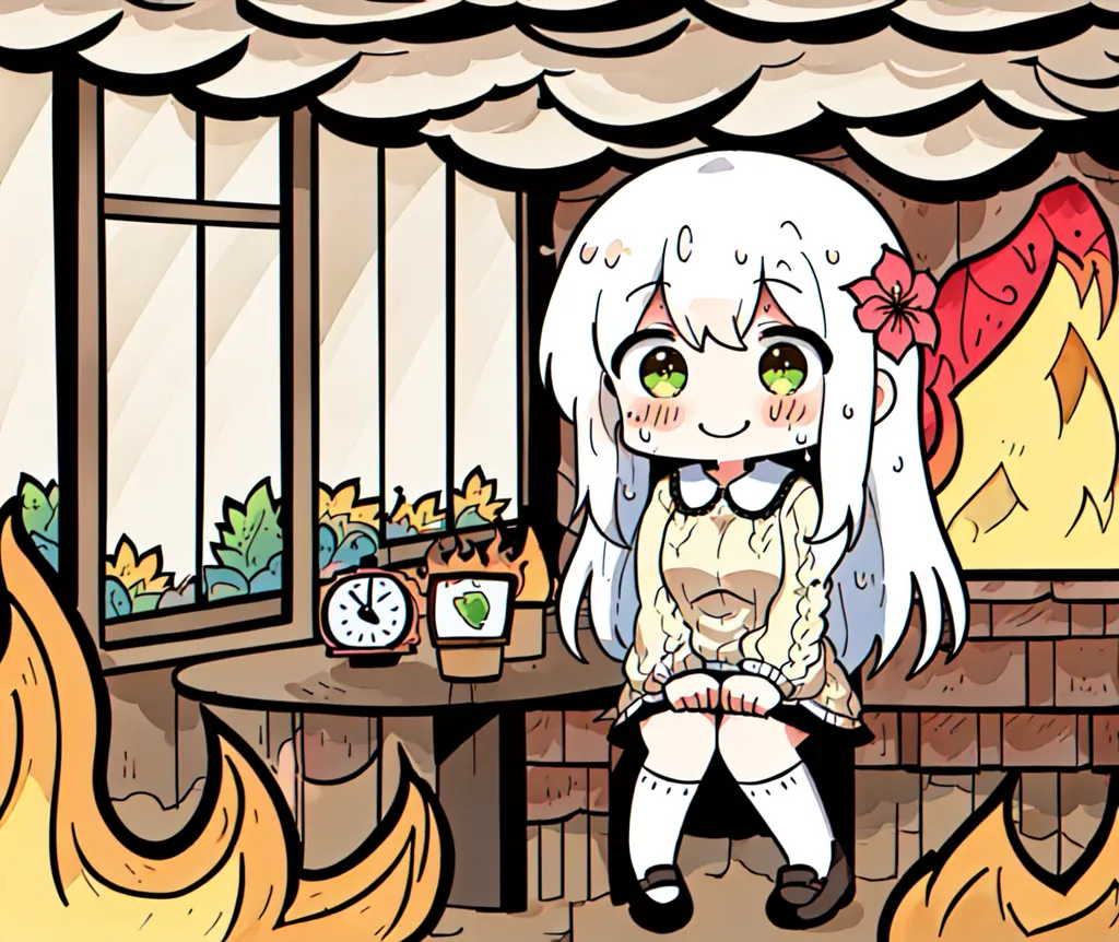 This is a picture of a girl sitting in a burning room. The flames are licking at the walls and the window, but the girl is unperturbed. She is sitting on the floor with her knees drawn up to her chest and her hands clasped around her legs. Her eyes are closed and she has a serene smile on her face. She is wearing a white dress with a red sash and her long white hair is flowing out behind her. There is a clock and a potted plant on the table next to her.