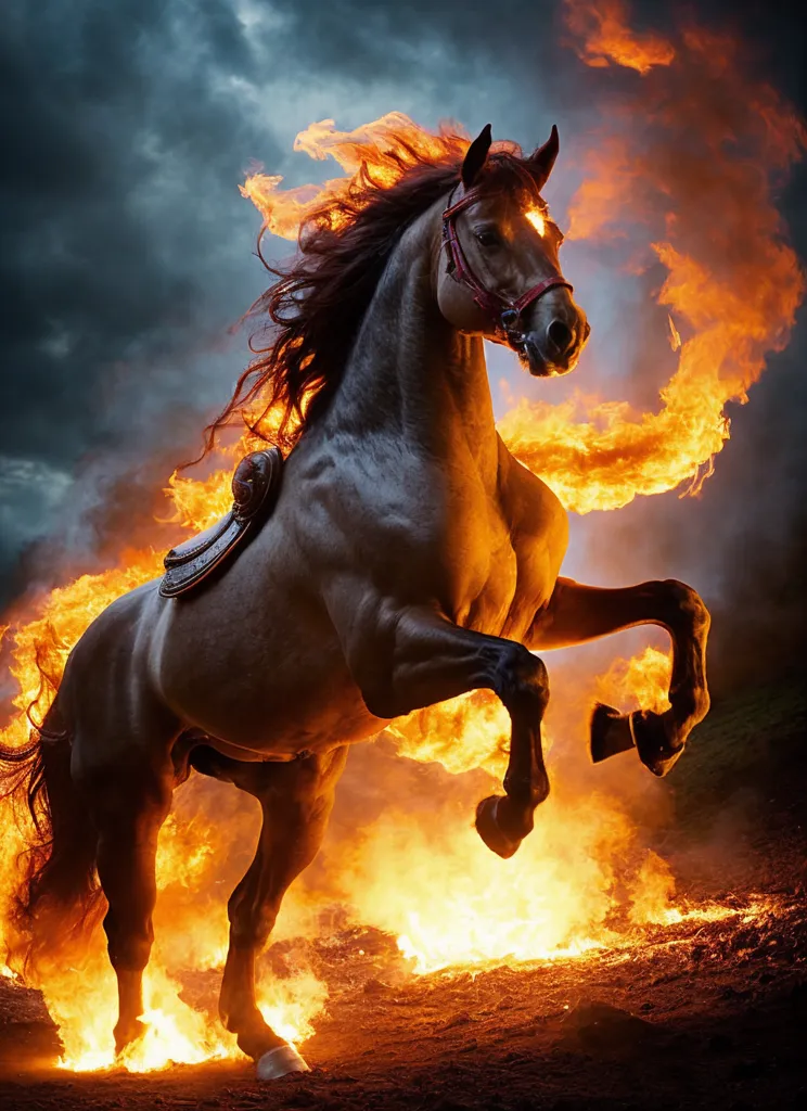 This is a picture of a horse. It is standing on its hind legs and looks like it is rearing up. The horse is brown and has a long, flowing mane and tail. It is surrounded by flames. The background is dark and stormy.