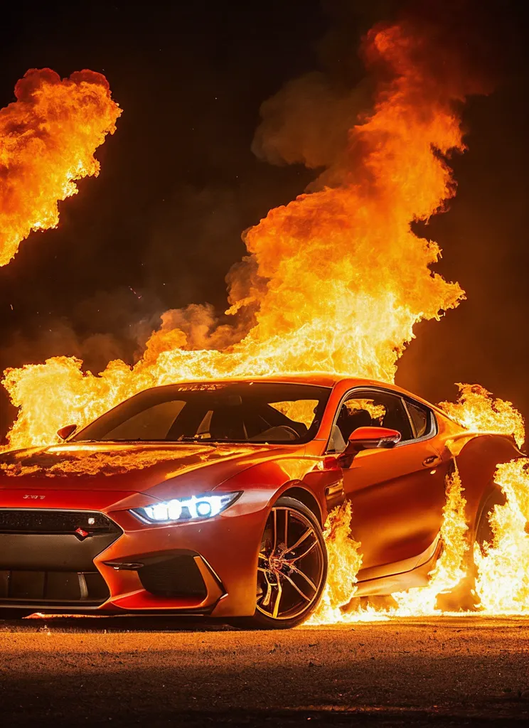 A red sports car is engulfed in flames. The car is in the middle of the image and is surrounded by flames. The flames are orange and yellow and are reaching up into the sky. The car is a Ford Mustang and has a black stripe on the hood. The car is also has a black spoiler on the back. The background of the image is black.