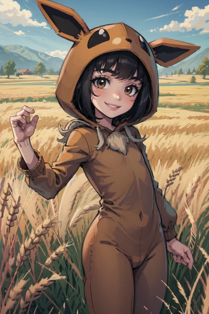 The image is of a young girl with short brown hair and brown eyes. She is wearing a brown and tan hoodie with a hood that has a pair of fox ears on it. The girl is standing in a field of tall grass with a mountain in the distance. The sky is blue and there are some clouds in the sky.