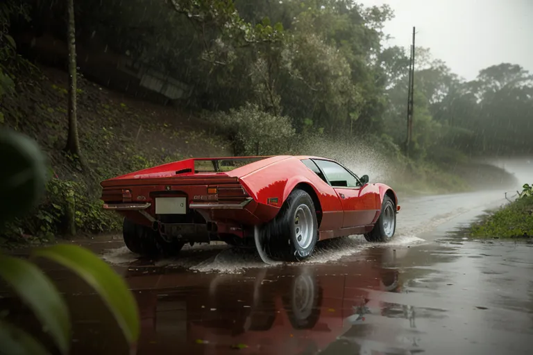 一辆红色的 De Tomaso Pantera 正在湿滑的道路上行驶。这辆车位于前景中,周围环绕着树木。道路蜿蜒曲折,这辆车正以很高的速度行驶。轮胎溅起的水花正在飞溅。这辆车是红色的,内饰为黑色。这辆车也非常干净,看起来状况良好。背景是绿色的,两侧都有树木。这张图片是从低角度拍摄的,车辆位于画面中央。图像非常清晰,色彩鲜艳。这张图片也非常动感,车辆看起来正在以很快的速度行驶。