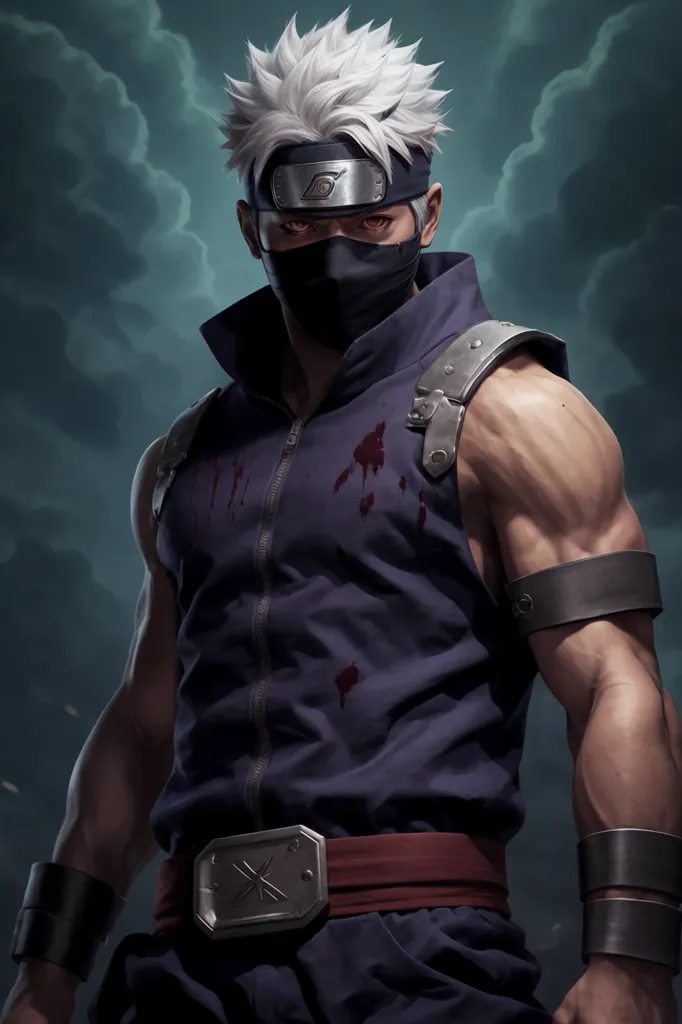 This image is of an anime character named Kakashi Hatake from the series Naruto. He is depicted as a young man with white hair and a scar over his left eye. He is wearing a black mask that covers his mouth and nose, and a blue vest with a red undershirt. He is also wearing a silver belt with a metal plate on the front, and a red and white headband. He has a serious expression on his face, and he is standing in a ready stance, suggesting that he is about to engage in a fight. The background is a dark, cloudy sky, which adds to the sense of danger and foreboding.