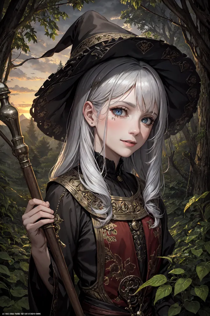 The image is a portrait of a young woman with long white hair and blue eyes. She is wearing a black pointed hat and a red and black dress with gold trim. She is holding a staff in her right hand. She is standing in a forest, with green trees and leaves in the background.