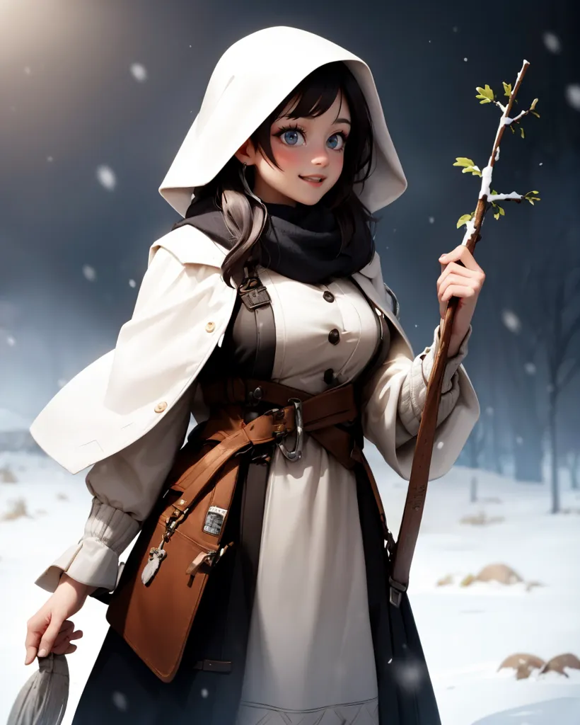 A beautiful anime girl is standing in the snow. She is wearing a white cloak and a brown belt. Her hair is long and black, and her eyes are blue. She is holding a staff in her right hand. She is smiling.