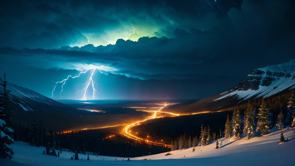 这张图片是一个美丽的山谷风景。天空阴暗多云,远处有一场雷雨。山谷被白雪覆盖,山坡上有树木。穿过山谷的有一条道路,沿路的房屋和商铺都亮着灯。这幅图片给人一种宁静祥和的感觉,完美地捕捉了冬季景观的美丽。