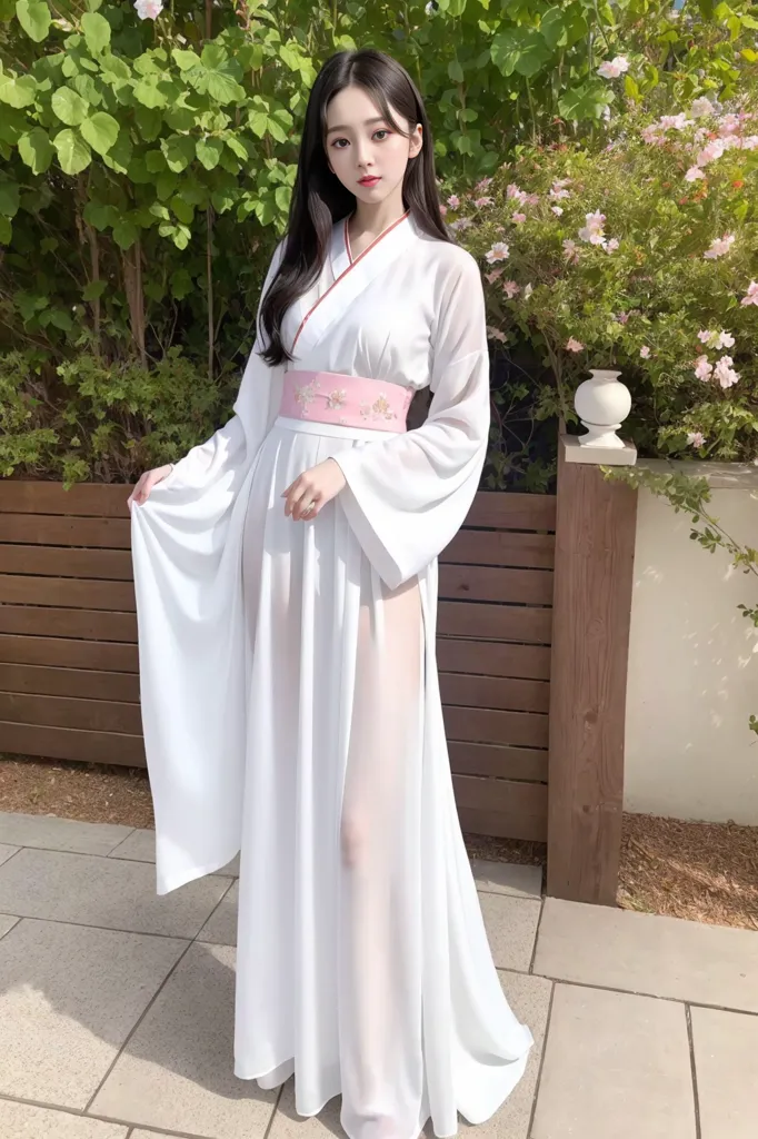 图像显示一位年轻女性穿着白色汉服,这是一种传统的中国服饰。汉服由轻盈流畅的布料制成,有一条长而宽阔的裙摆。女士腰间系着一条粉色腰带,她的长黑发自然垂落。她站在一个花园中,周围是粉色和白色的花朵。