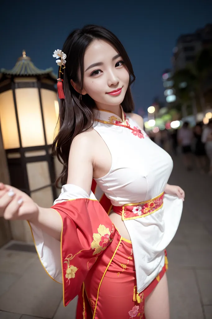 图像显示一位穿着传统中国服装的年轻女性。这件服装是白色的,上面有红色和粉色的花卉图案。这位女性有一头乌黑的长发,正对着镜头微笑。她站在一栋传统中国建筑物前。建筑物上挂着红色的灯笼,街道也被这些灯笼照亮。