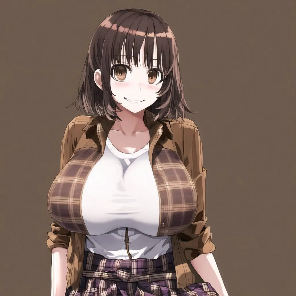 The image shows an anime-style girl with long brown hair and brown eyes. She is wearing a white shirt, a brown plaid jacket, and a brown plaid skirt. She has a large bust and a happy expression on her face.