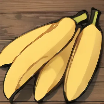 There are four ripe yellow bananas on a wooden table. The bananas are slightly curved and have brown spots on them. The bananas are all the same size.