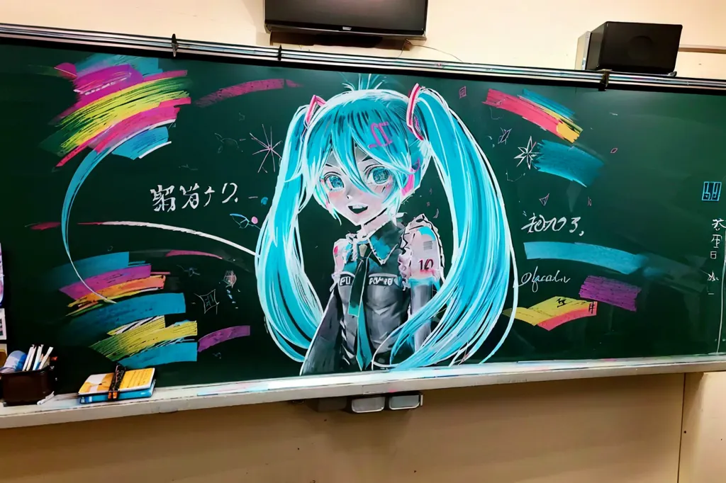 图像显示一个黑板上有一幅Hatsune Miku的画作,她是一个日本Vocaloid软件角色。她被描绘成拥有标志性的蓝绿色双马尾和绿色眼睛,穿着黑色和灰色的服装。这幅画是用粉笔绘制的,非常细致,很好地捕捉到了Miku的神态。黑板上还有一些日文字,可能是她歌曲的歌词。