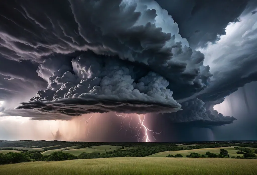 The image shows a vast, dark storm cloud. The cloud is full of swirling clouds and lightning bolts. The storm is likely to cause a lot of damage. The image is both beautiful and frightening. It reminds us of the power of nature and the importance of being prepared for severe weather.