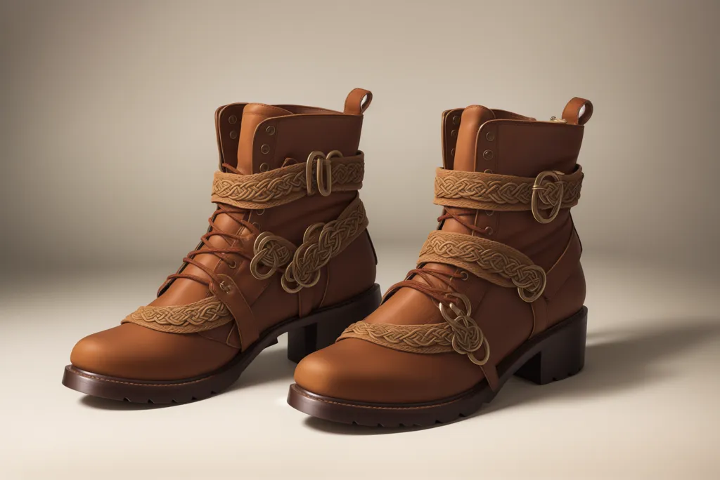 The image shows a pair of brown leather boots. The boots are decorated with Celtic knots and have a chunky heel. The boots are perfect for a casual day out or a night on the town.