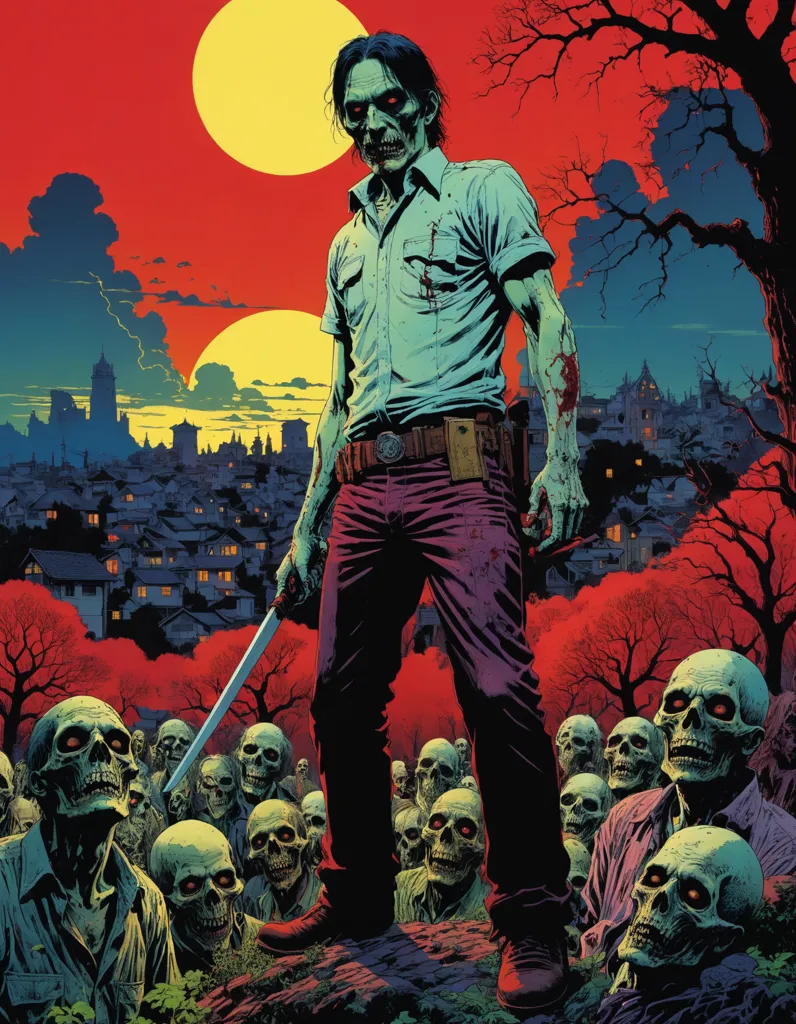 A man with a sword is standing in a field of dead bodies. He is covered in blood and has a determined look on his face. The background is a red sky with a full moon. The man is wearing a blue shirt and jeans. He is holding a sword in his right hand. The zombies are all around him, but he is not afraid. He is ready to fight them all.