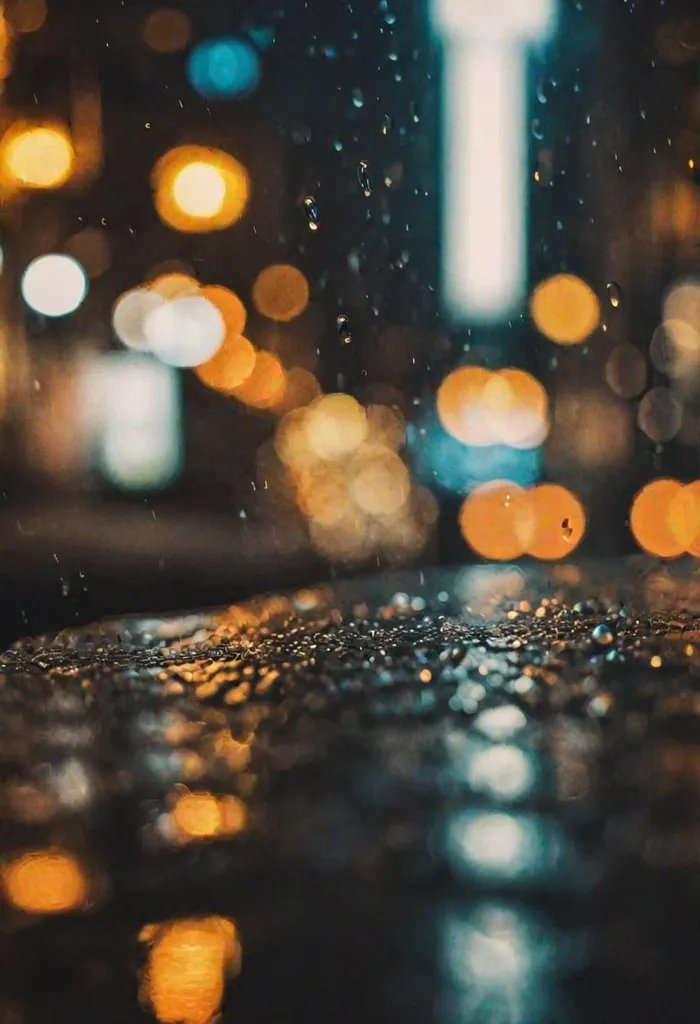 The image is out of focus, with a few bright lights in the background. It looks like it is raining. The rain is falling on a surface, which is reflecting the lights. The image is very dark, with only the lights standing out. It is also very blurry, with no clear details.