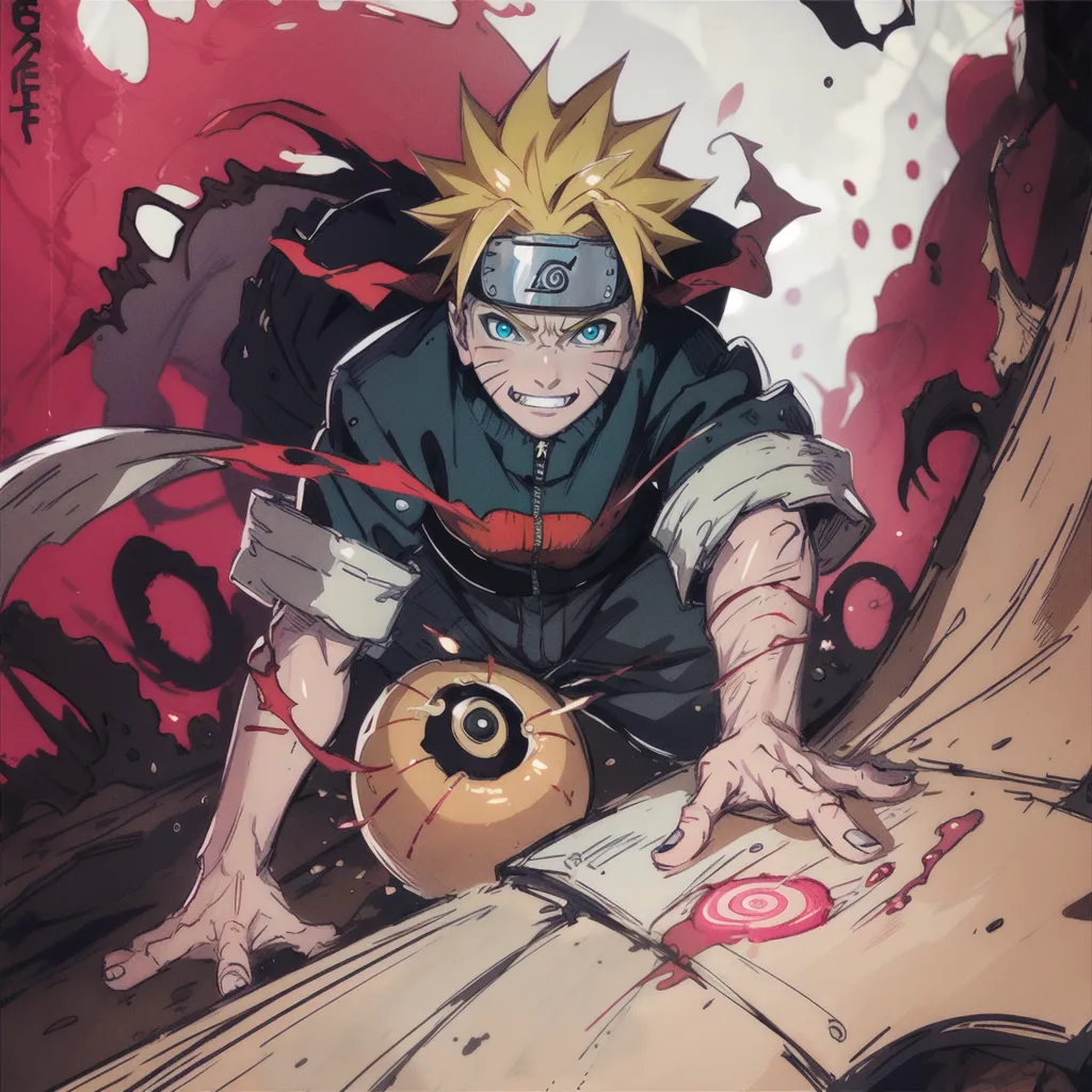 The image is of Naruto Uzumaki, a character from the anime series Naruto. He is depicted as a young boy with spiky blond hair and blue eyes. He is wearing a black jacket with a red scarf. The background is red and black. There is a large eye in the foreground. Naruto is in a fighting stance.