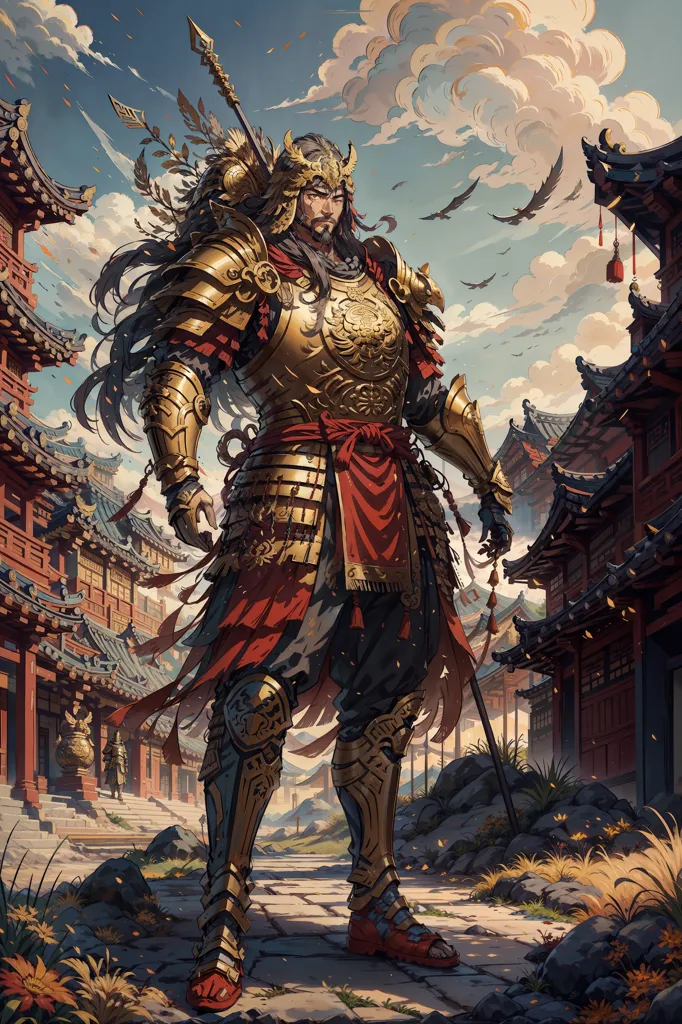 这张图片是一位身穿金色盔甲和红色披风的中国武士,站在一个传统的中国庭院中。他手持长矛,黑色长发在风中飘扬,面带坚毅的神情。庭院四周是红色的墙壁和灰色的瓦顶,背景中有树木和植被。天空蓝蓝的,飘着云朵,远处有鸟儿在飞翔。