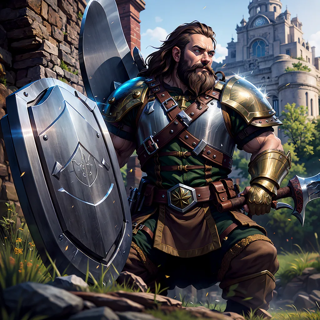 The image shows a male warrior with a beard and long brown hair. He is wearing a green tunic and brown pants, and he is armed with a sword and a shield. He is standing in front of a stone wall, and there is a building in the background. The warrior is looking to the left of the frame, and he has a determined expression on his face. He is wearing a helmet and a pair of gauntlets, and he has a quiver of arrows slung over his shoulder. The shield has a symbol on it that is a combination of a lion and a crown.